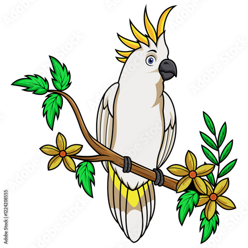 Cartoon cockatoo bird sitting on a tree branch