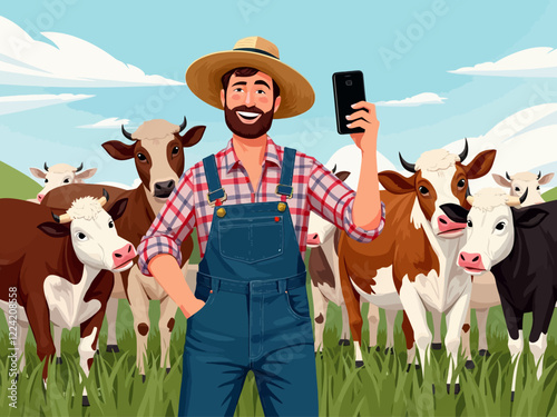  a farmer standing in front of his cow herd taking a selfie with them in the backround to use for social media