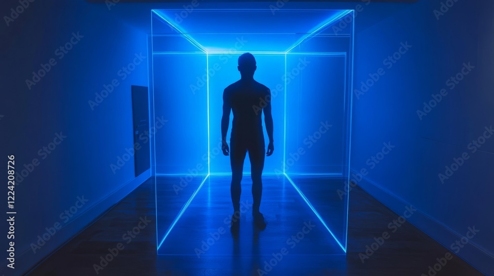 A man stands in a room with blue walls and blue lights A man stands in a room with blue walls and blue lights