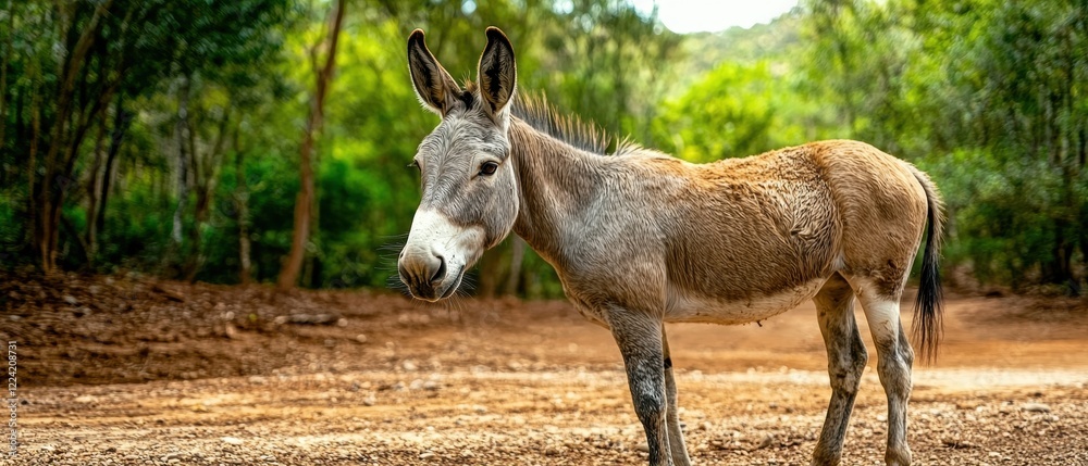 Donkey standing in a forest path Donkey standing in a forest path