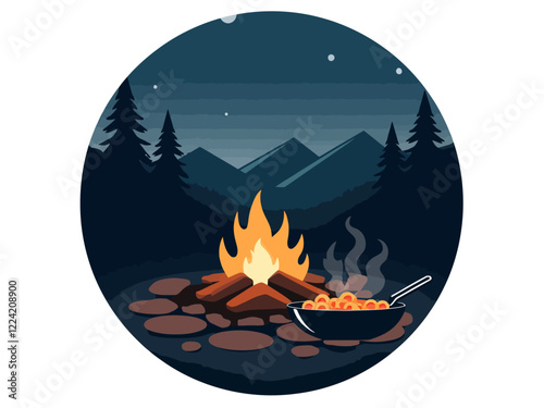 A cozy nighttime camping scene with a glowing campfire, a cast iron skillet cooking food over the flames, surrounded by pine trees and mountains in the background