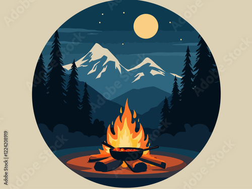 A cozy nighttime camping scene with a glowing campfire, a cast iron skillet cooking food over the flames, surrounded by pine trees and mountains in the background
