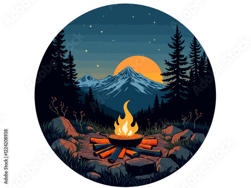 A cozy nighttime camping scene with a glowing campfire, a cast iron skillet cooking food over the flames, surrounded by pine trees and mountains in the background