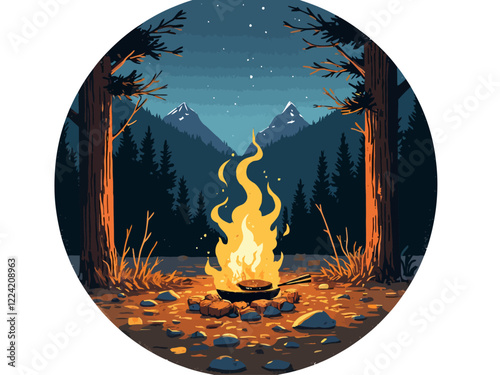 A cozy nighttime camping scene with a glowing campfire, a cast iron skillet cooking food over the flames, surrounded by pine trees and mountains in the background