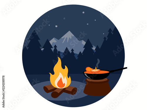 A cozy nighttime camping scene with a glowing campfire, a cast iron skillet cooking food over the flames, surrounded by pine trees and mountains in the background