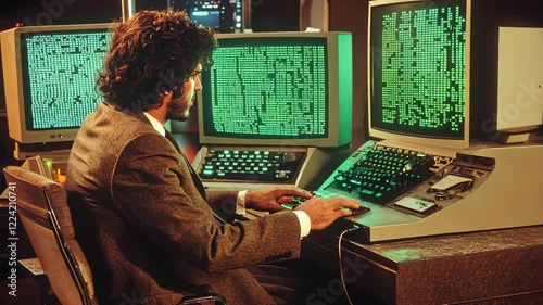 Retro Programmer Working on Vintage Computers with Green Screens in Dark Office