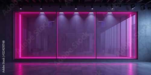 Modern storefront window with neon pink lighting