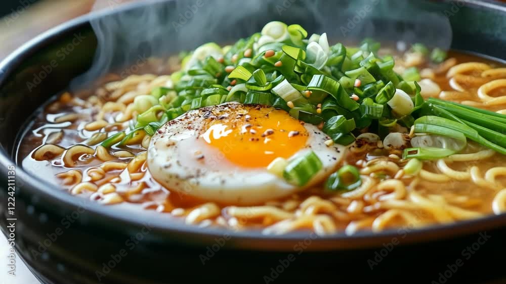 Delicious Steaming Hot Bowl of Ramen Noodles with Soft Boiled Egg and Spring Onions
