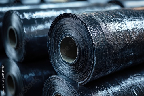 Rolls of black nonwoven fabric stored in warehouse: geotextile or agrotextile material photo