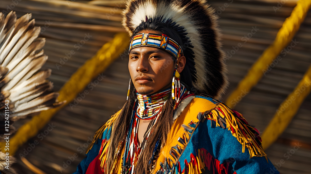 Obraz premium Young Native American Man in Traditional Feathered Headdress and Colorful Regalia : Generative AI