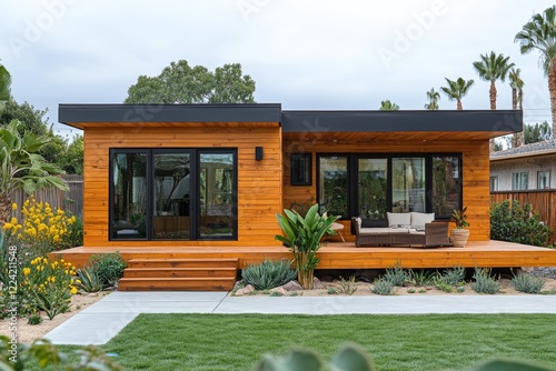Modern prefabricated wooden tiny house with patio and landscaped garden