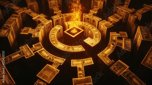 Burning Money Maze: A Visual Metaphor for the Allure and Destruction of Wealth