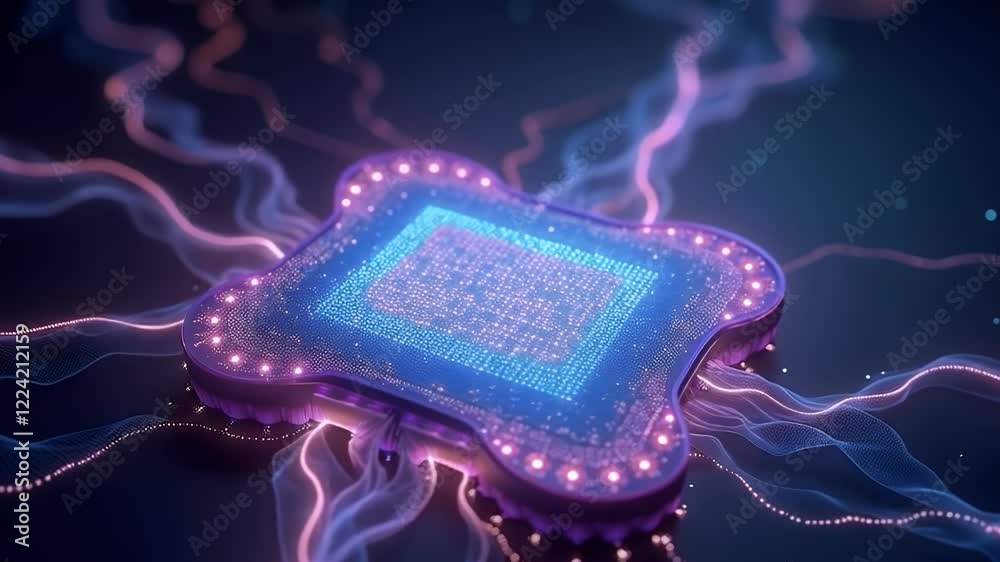 3D render of a glowing quantum computing core surrounded by pulsing light waves and energy fields. Represents advanced processing and futuristic AI systems.