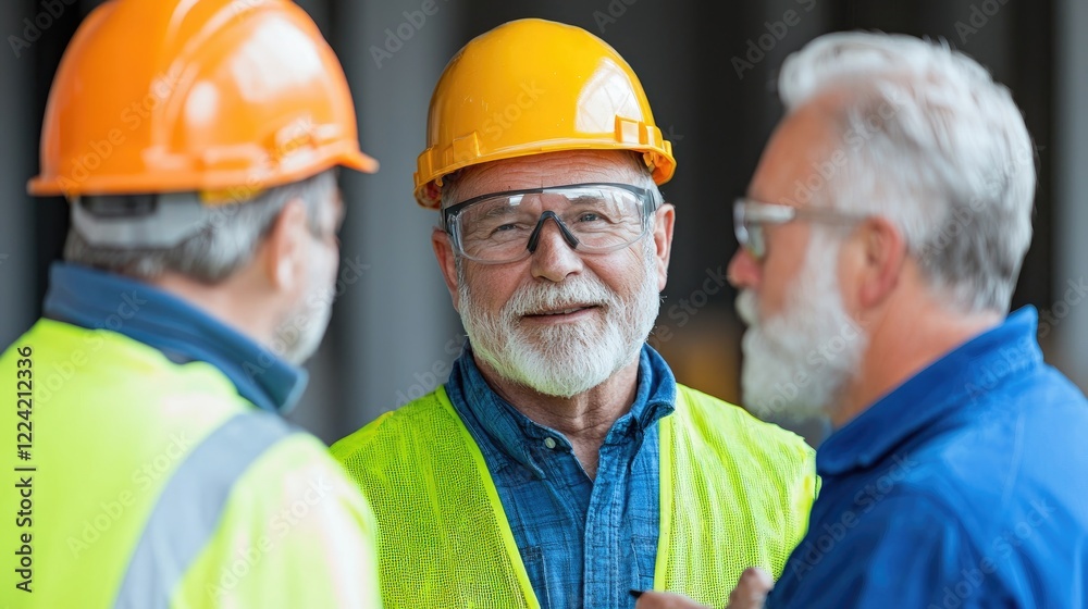 Senior construction workers discuss project, site background Senior construction workers discuss project, site background