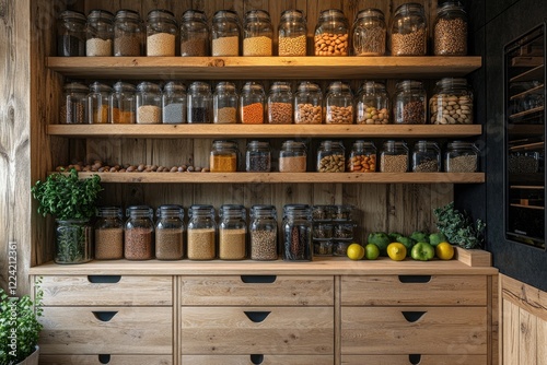 Wallpaper Mural Various food preserving glass jars storing grains, legumes, nuts, and spices on rustic wooden shelves in modern pantry Torontodigital.ca