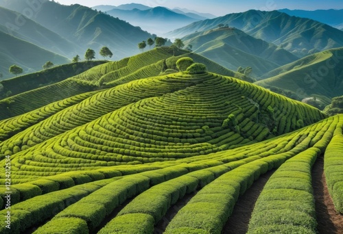 Serene Green Tea Plantation on Rolling Hills at Sunrise