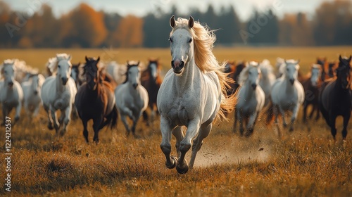 White horse leads herd across autumn field