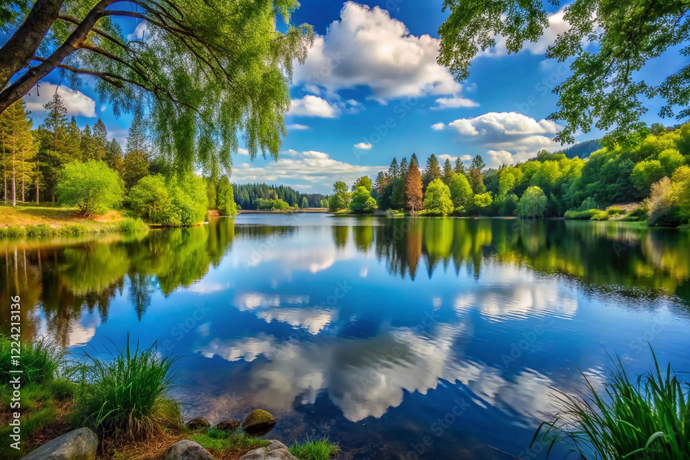 Fototapeta premium Serene lake reflecting clouds and trees.