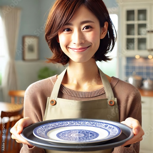 A person holding a platter smiling with a hospitable expression