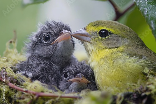 Close-up of vireo feeding its two chicks in their nest photo