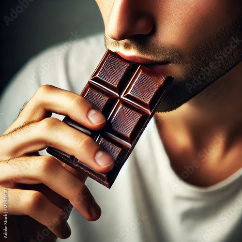 A person slowly eats a piece of dark chocolate relishing its ric photo