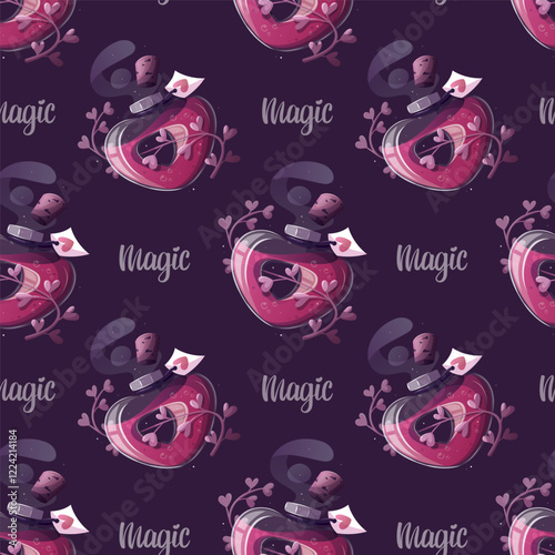 Seamless pattern design with love potion. Romantic, magic love, 14 February concept. Vector illustrations for scrapbooking, wrapping paper, background, wallpaper.