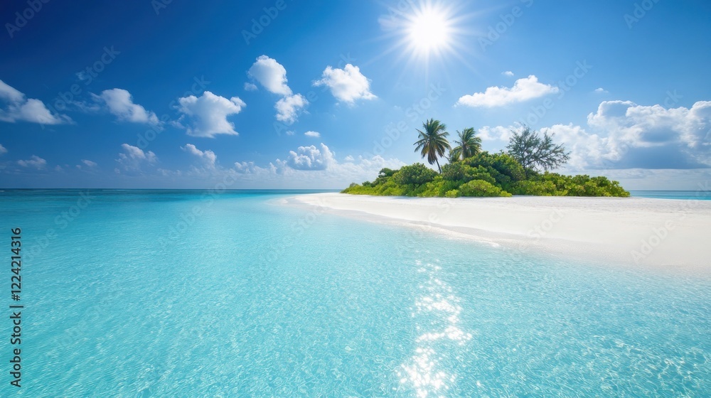 Fototapeta premium Tropical island paradise, sunlit beach, ocean, vacation