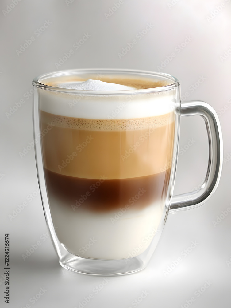 Close Up of a Creamy Layered Latte in a Transparent Glass Mug on a Neutral Background : Generative AI Close Up of a Creamy Layered Latte in a Transparent Glass Mug on a Neutral Background : Generative AI