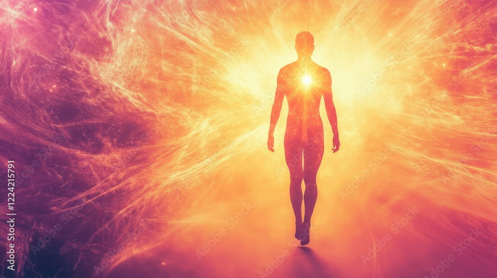 A person is walking in a bright orange light A person is walking in a bright orange light