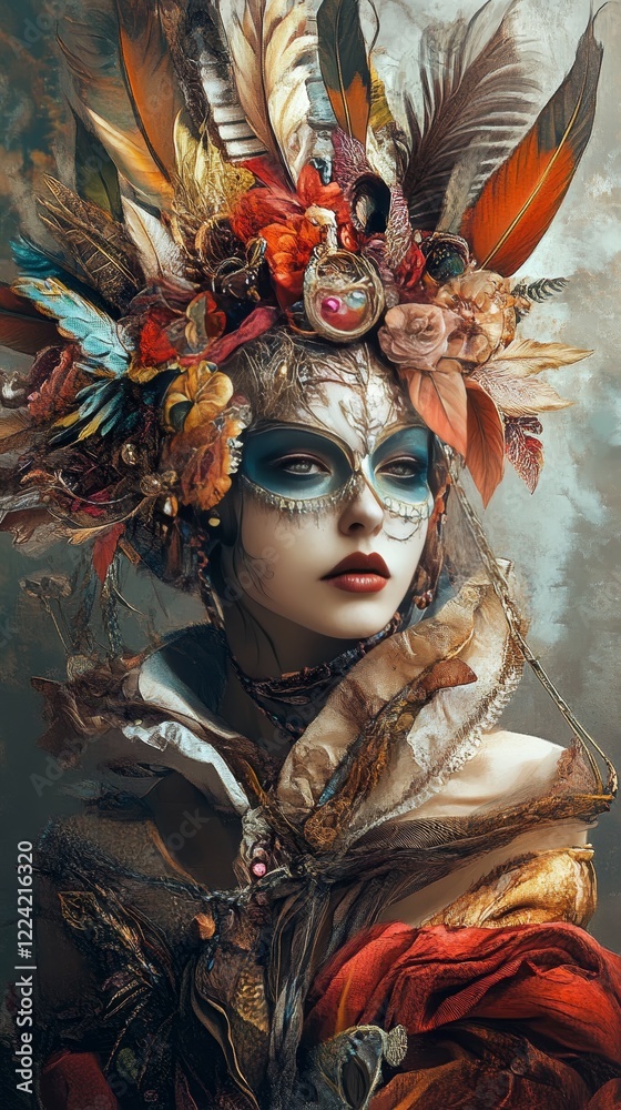 Elegant Woman in Exotic Costume with Colorful Feathers and Flowers Elegant Woman in Exotic Costume with Colorful Feathers and Flowers