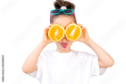 Funny positive girl is wearing a white blank T-shirt. Stylish cute girl with orange, isolated in transparent PNG. Template for design, copy space for logo, text. Front view. Mockup, summer concept.