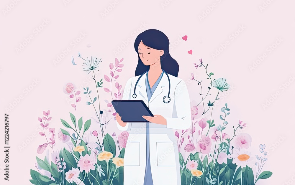 A female doctor in a white coat holding a tablet, surrounded by a vibrant floral background A female doctor in a white coat holding a tablet, surrounded by a vibrant floral background