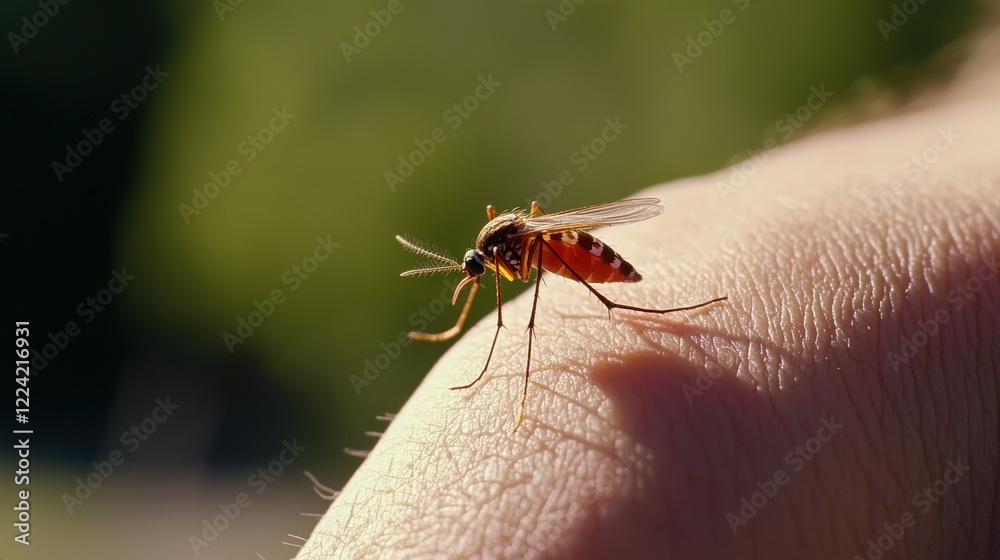 A close-up image of a mosquito perched on human skin, capturing details of the insect and the texture of the skin. A close-up image of a mosquito perched on human skin, capturing details of the insect and the texture of the skin.