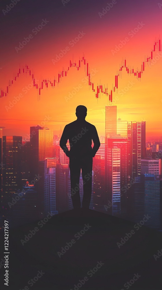 Silhouette of Businessman Overlooking Skyline with Trading Graph at Sunset Silhouette of Businessman Overlooking Skyline with Trading Graph at Sunset
