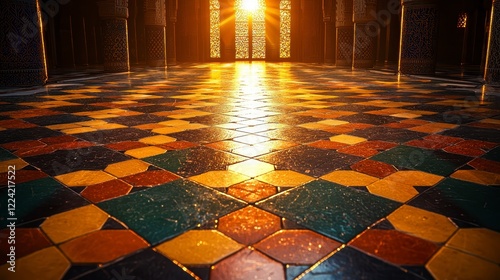 Sunlit mosaic floor, ancient building interior, light rays, architectural detail photo