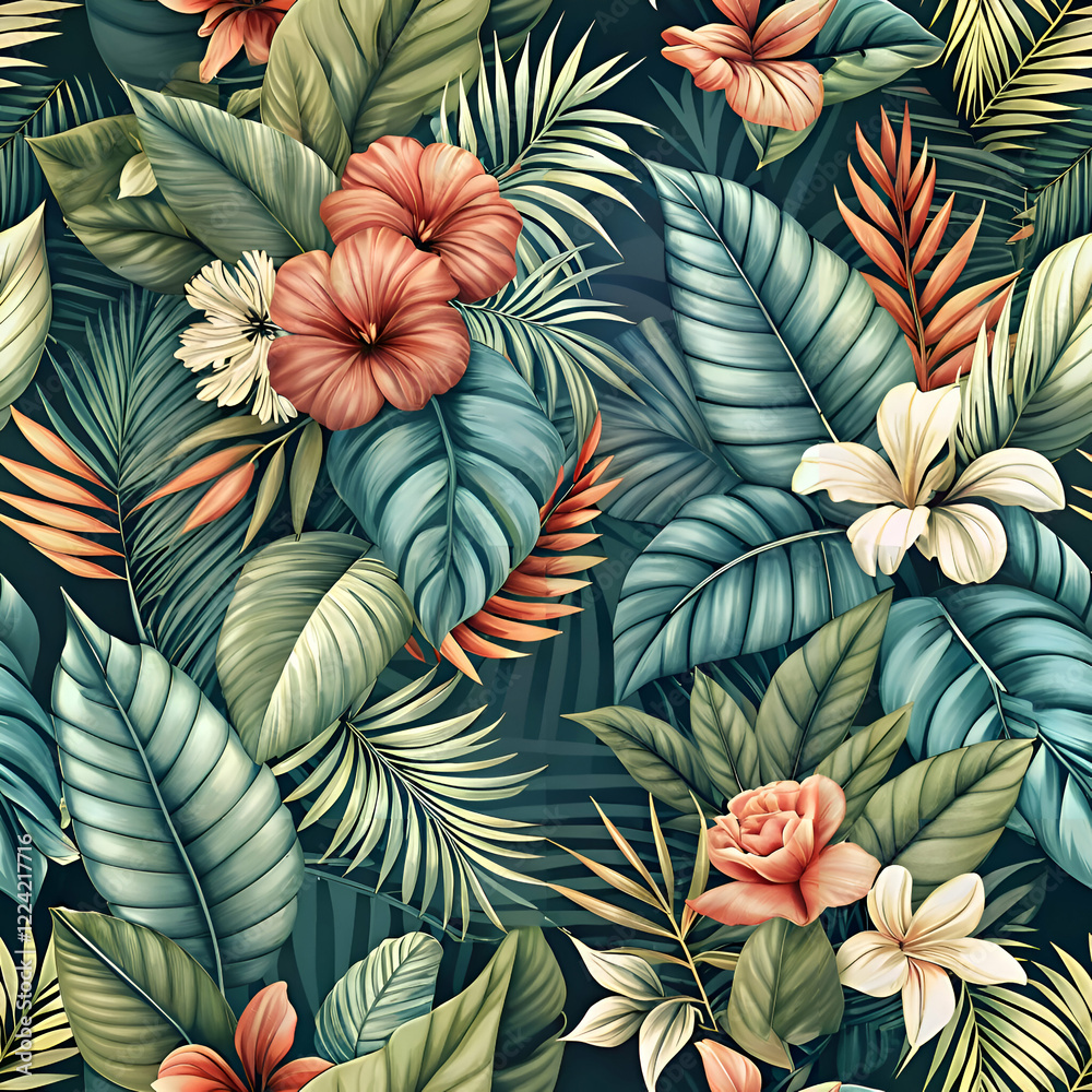Fototapeta premium Tropical Floral Pattern. Lush Green Leaves and Exotic Flowers