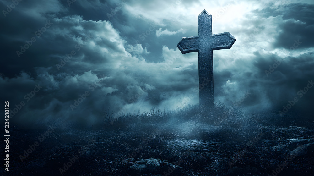 Mysterious Stone Cross at Night on Hillside Under Dark Cloudy Sky with Moonlight : Generative AI Mysterious Stone Cross at Night on Hillside Under Dark Cloudy Sky with Moonlight : Generative AI