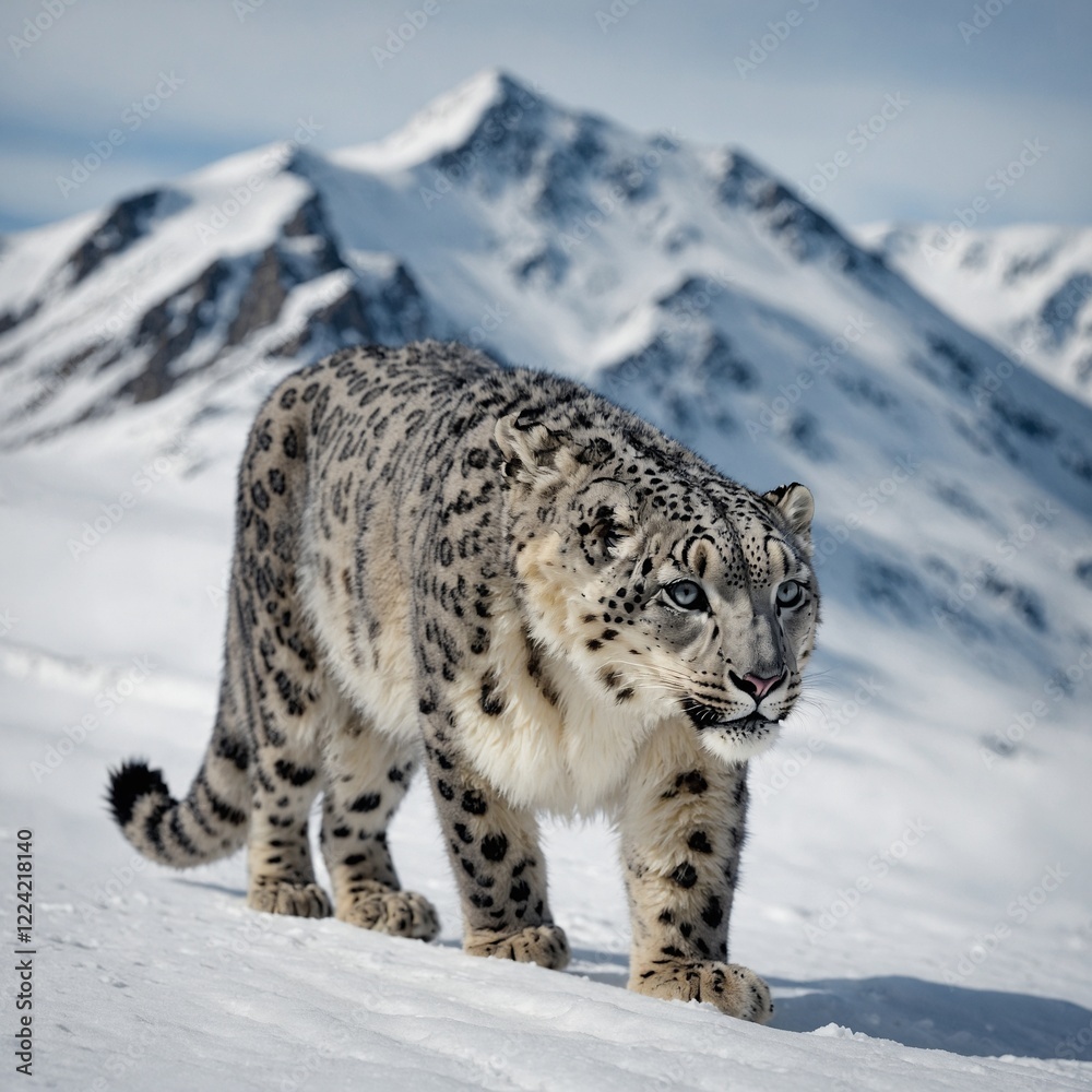Obraz premium A snow leopard following a faint trail through an endless white mountain landscape.