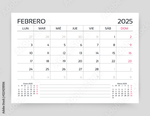 February 2025 year Spanish calendar. Planner calender layout. Spain monthly organizer. Timetable template. Table schedule grid. Week starts Monday. Vector simple illustration. Paper size A5