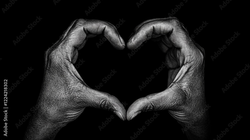 Obraz premium Hands Forming Heart Shape in Monochrome Against Black Background