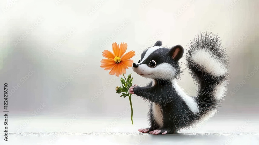Fototapeta premium Adorable Skunk with Orange Flower