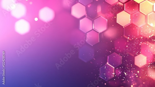 A vibrant background with hexagonal patterns and bokeh effects in pink and purple hues, creating a dreamy and festive atmosphere.