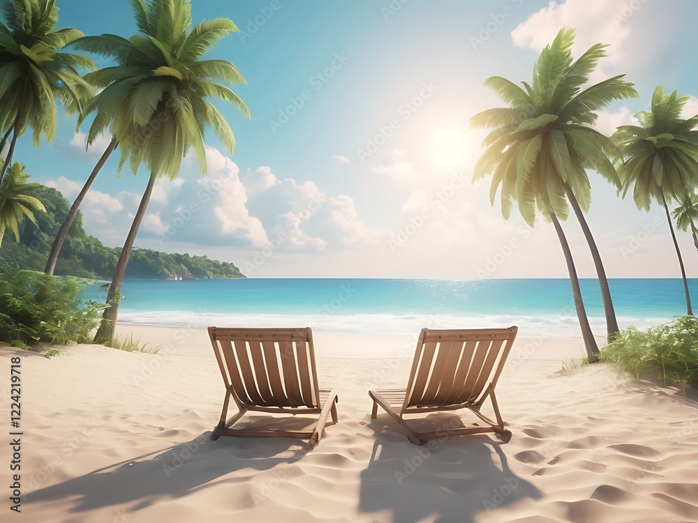 3d rendering. Beautiful beach. Chairs on the sandy beach near the sea. Summer holiday and vacation concept for tourism. Inspirational tropical landscape. Tranquil scenery 3d rendering. Beautiful beach. Chairs on the sandy beach near the sea. Summer holiday and vacation concept for tourism. Inspirational tropical landscape. Tranquil scenery