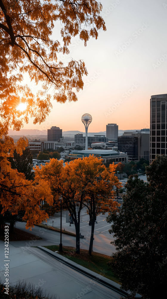 Naklejka premium Autumn sunrise cityscape view, tower, city park, calm background, ideal for travel brochures