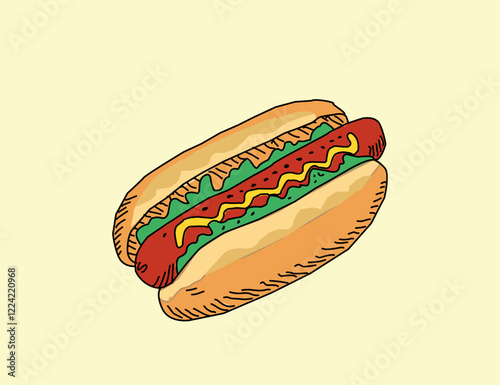 hot dog illustration. Hotdog with mustard. Vector design of hot dog food