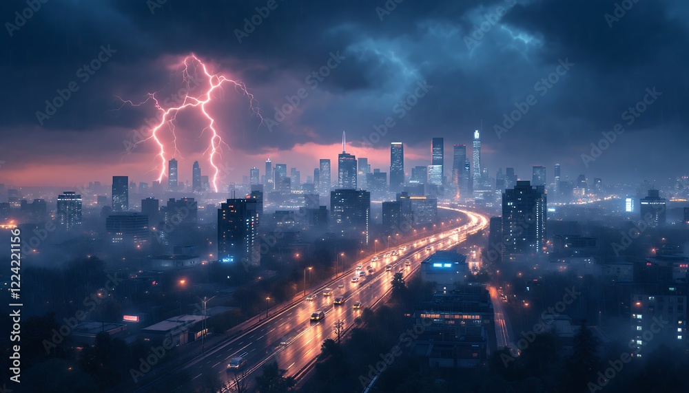 Fototapeta premium Stormy Cityscape: Lightning Strikes over a Metropolis at Night
