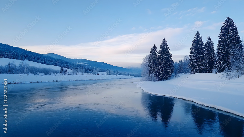 Calm winter river reflecting snowy mountains; idyllic landscape, perfect for travel brochures Calm winter river reflecting snowy mountains; idyllic landscape, perfect for travel brochures
