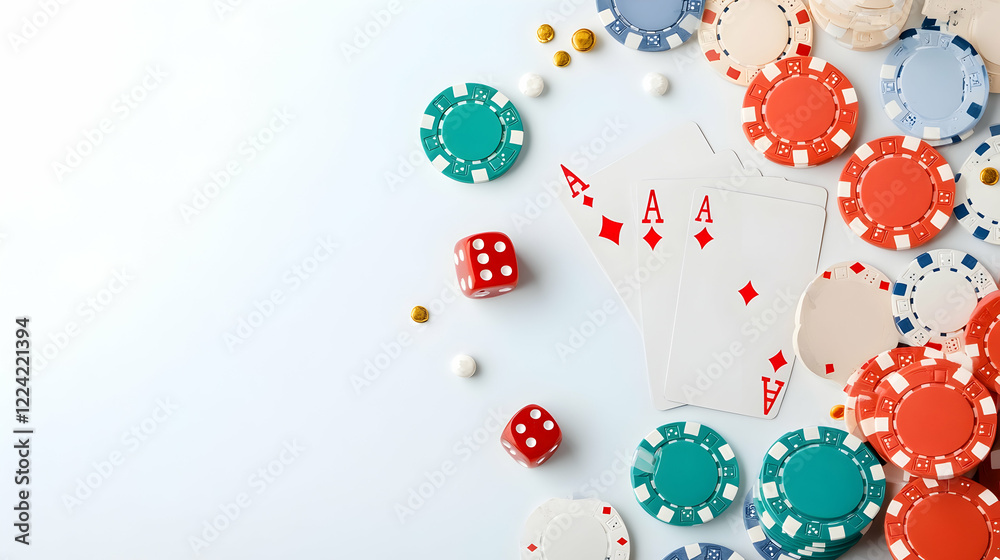 Casino game, poker chips, dice, playing cards, white background, gambling concept Casino game, poker chips, dice, playing cards, white background, gambling concept