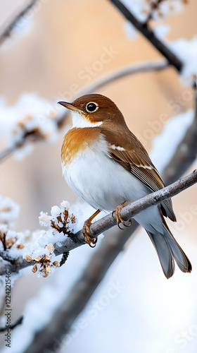 Chestnut-bellied bird perched on snowy branch, winter sunset background; nature photography photo