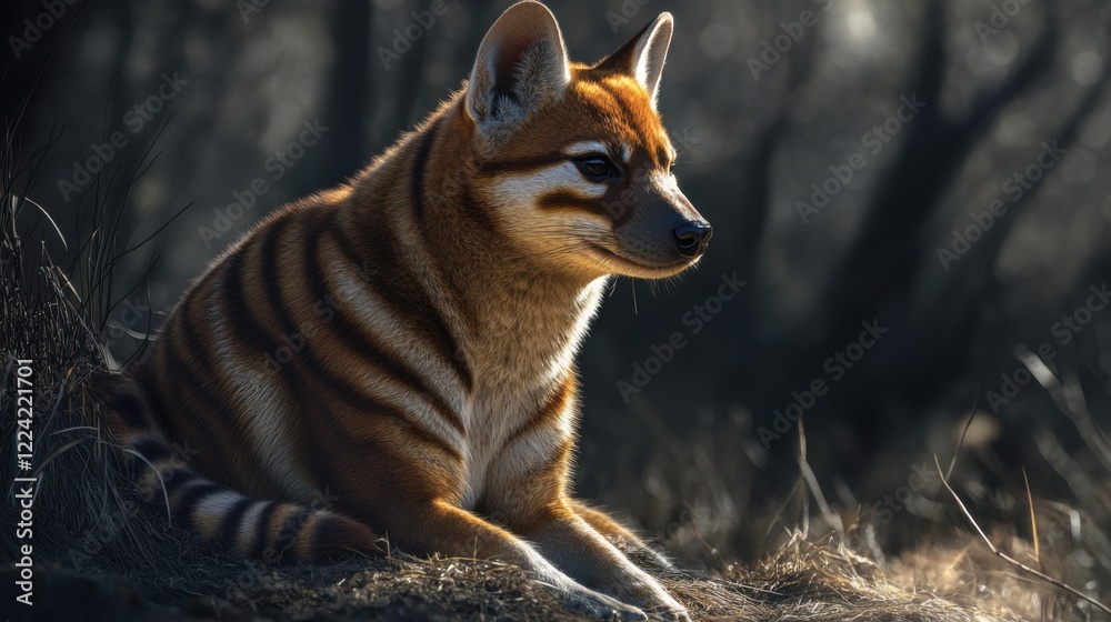 Obraz premium Striped Thylacine in the Australian Bush: A Captivating Portrait of a Rare Marsupial